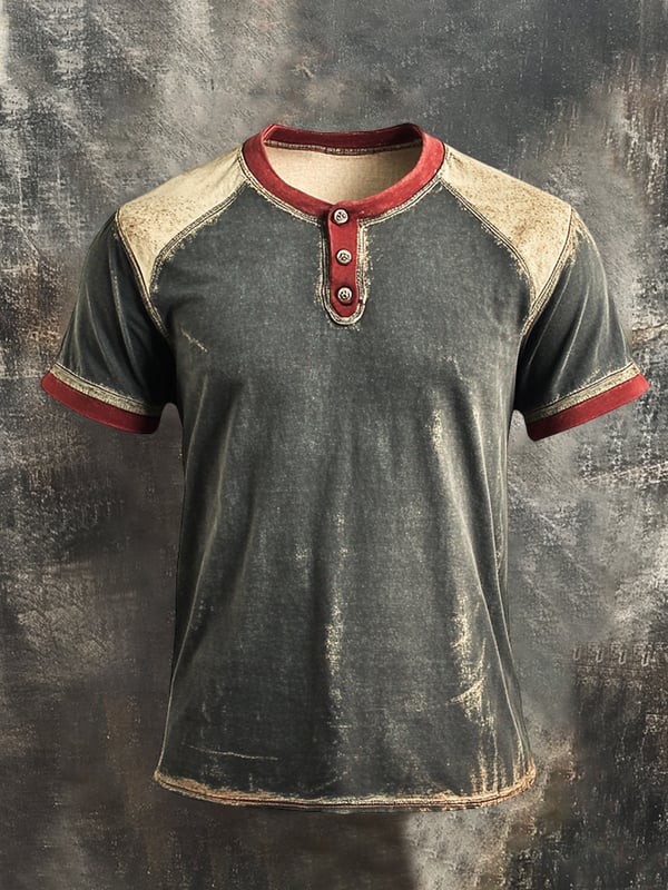 Men's Retro Color Block Henley Collar Short Sleeve T-Shirt