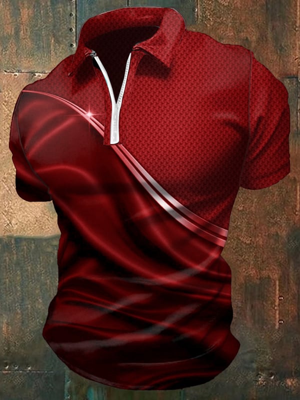Men's Casual Zip Up Polo Shirt With Gradient Graphic Print