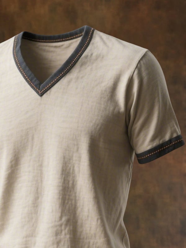 Men'S Retro Colorblock V-Neck Short Sleeve T-Shirt